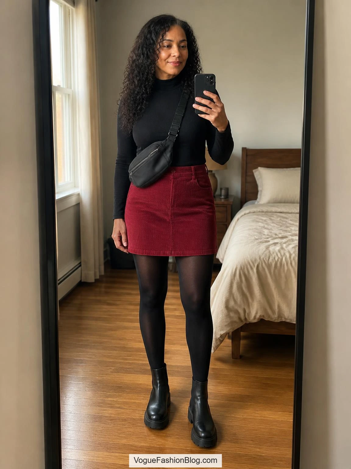 Woman in a mirror selfie wears a red corduroy mini, black mock neck, opaque tights, and Chelsea boots for red skirt outfit ideas