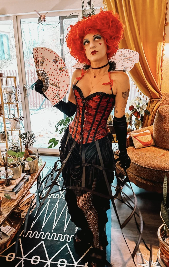 Red Corset Dress + Black Lace Gloves + Patterned Fan + Black Tulle Skirt + Halloween Makeup