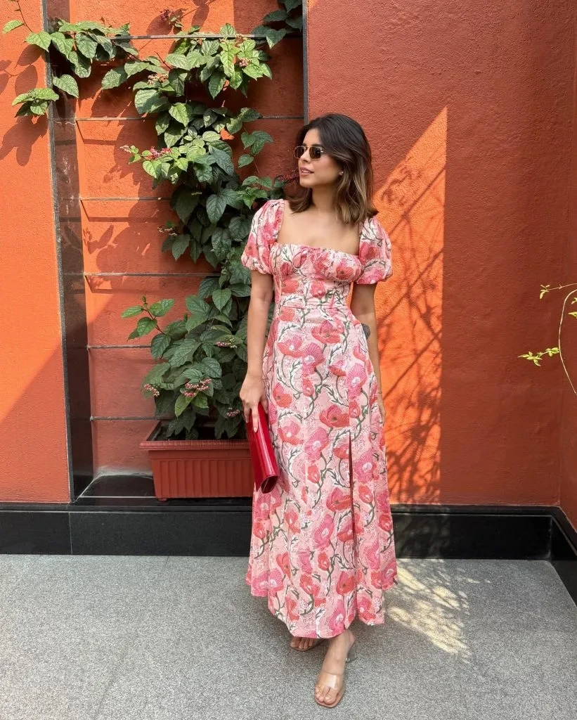 2- Red Floral Dress With Puff Sleeves