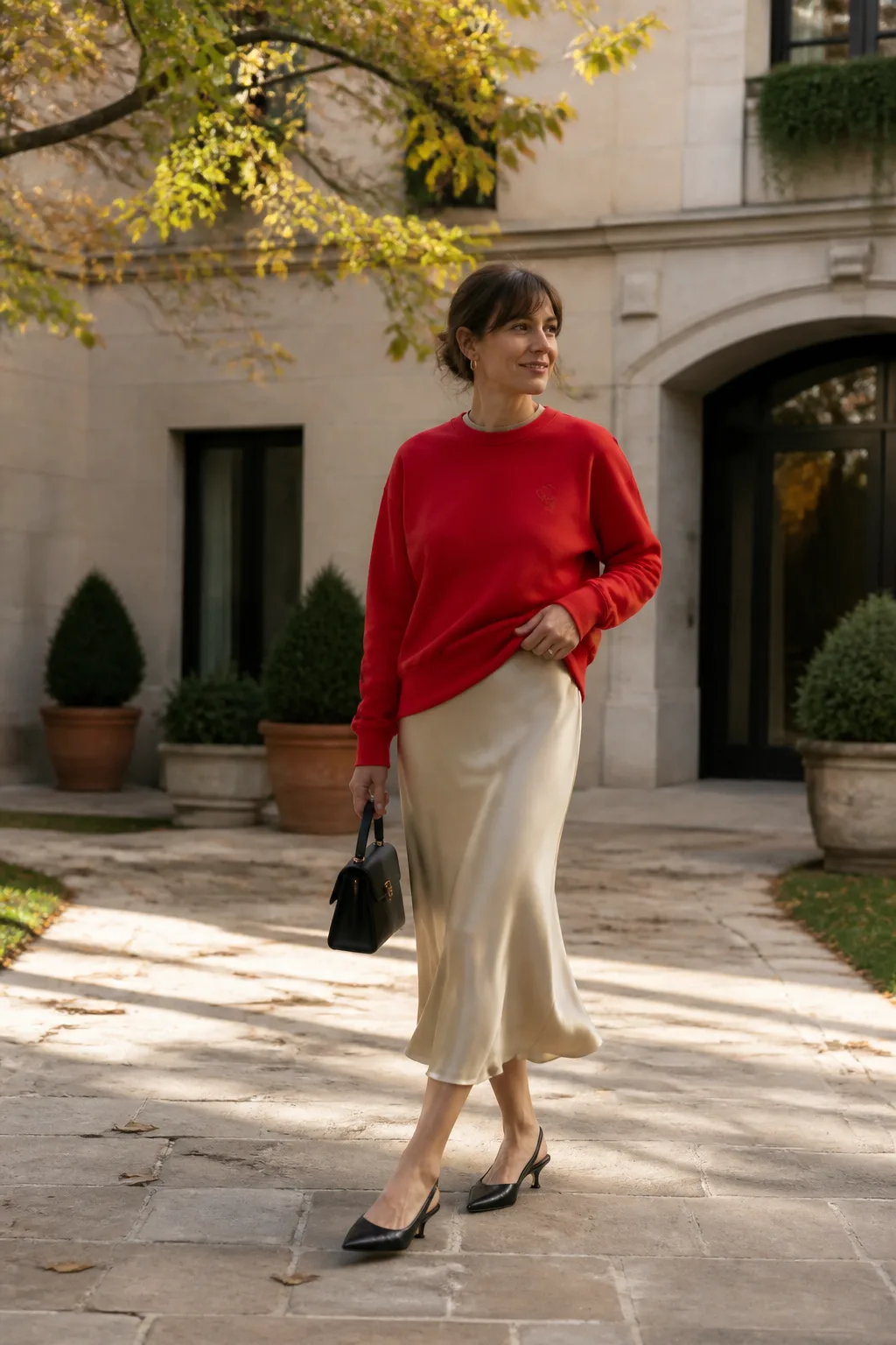 Red Graphic Sweatshirt + Champagne Silk Skirt