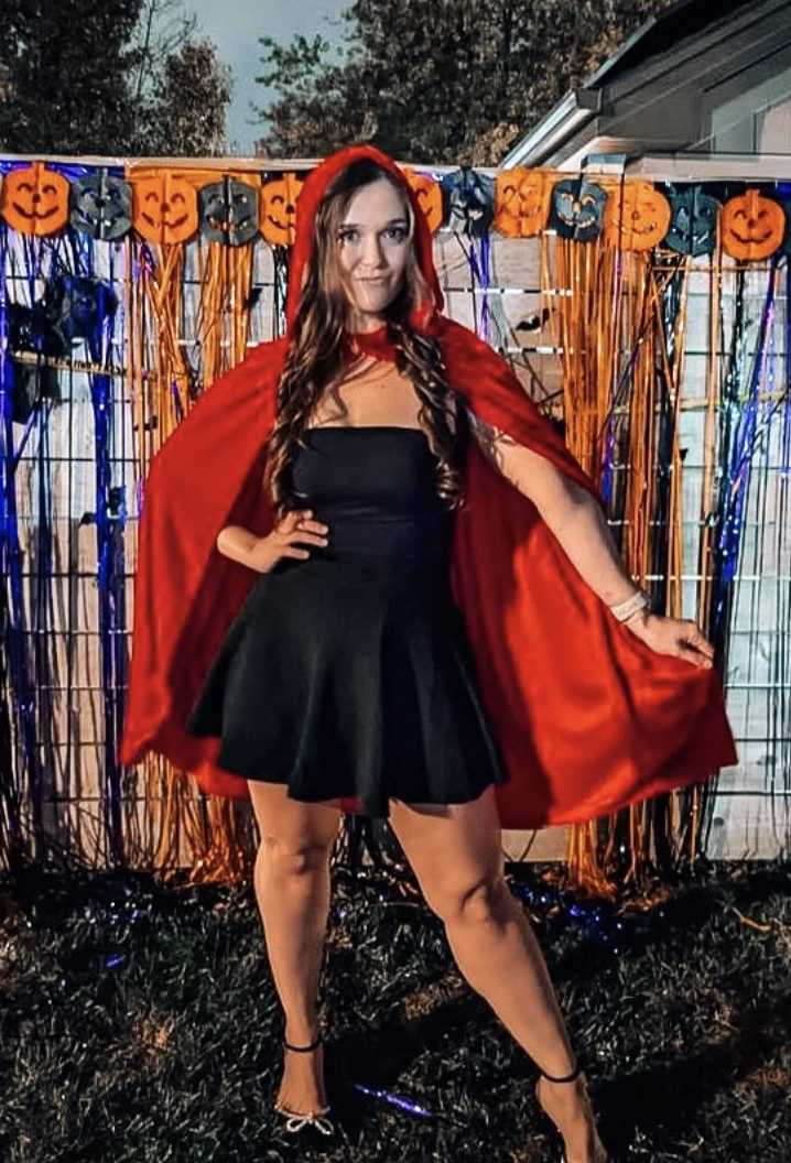 Red Hooded Cape + Black Flared Dress + Strappy Heels