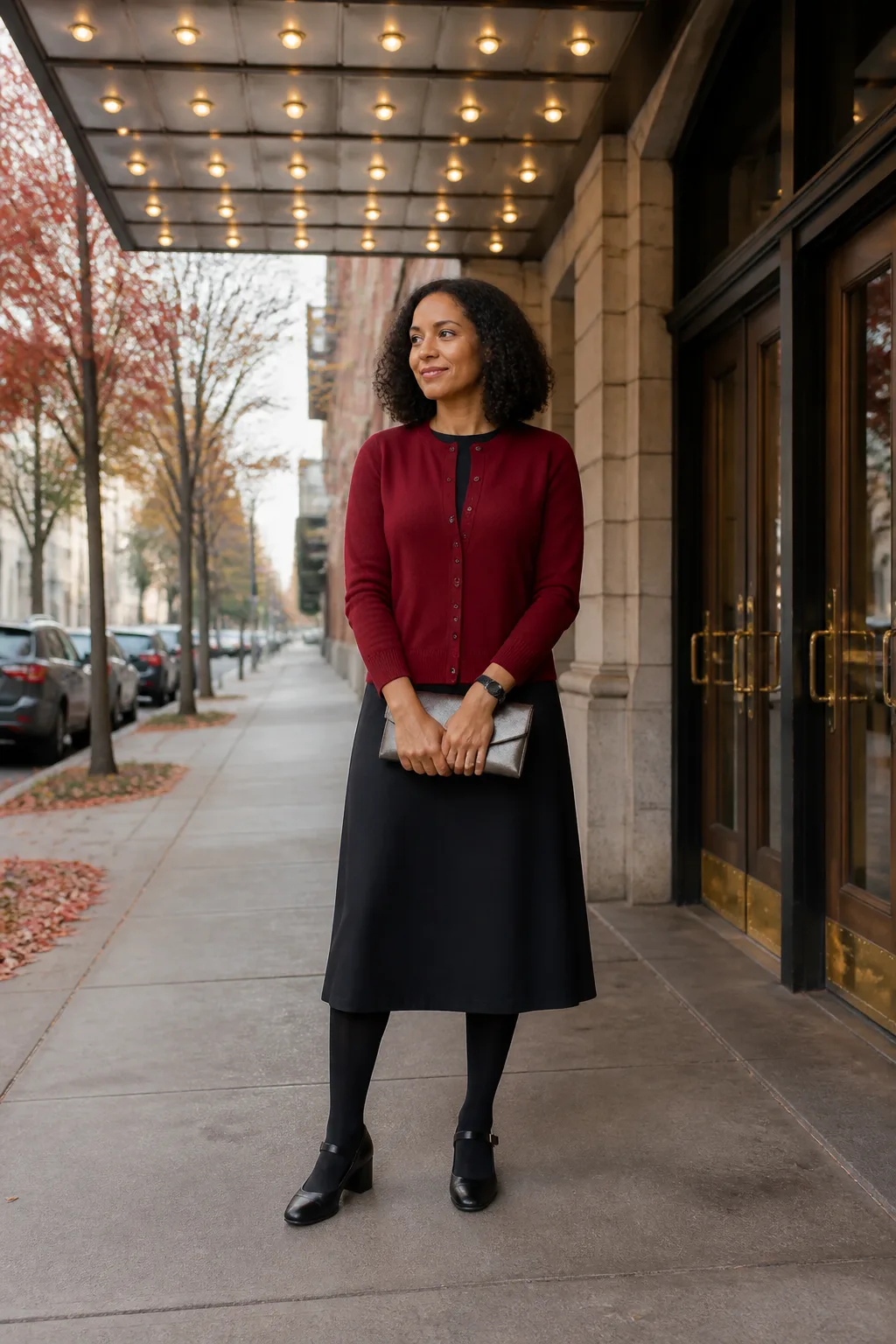 Red Knit Cardigan, Black Midi Dress and Mary Janes