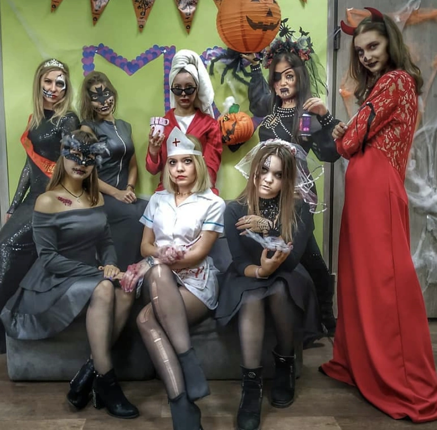 Red Lace Dress + Nurse Uniform + Black Cat Mask + Devil Horns + Skull Face Paint + Witch Hat + Zombie Bride Veil