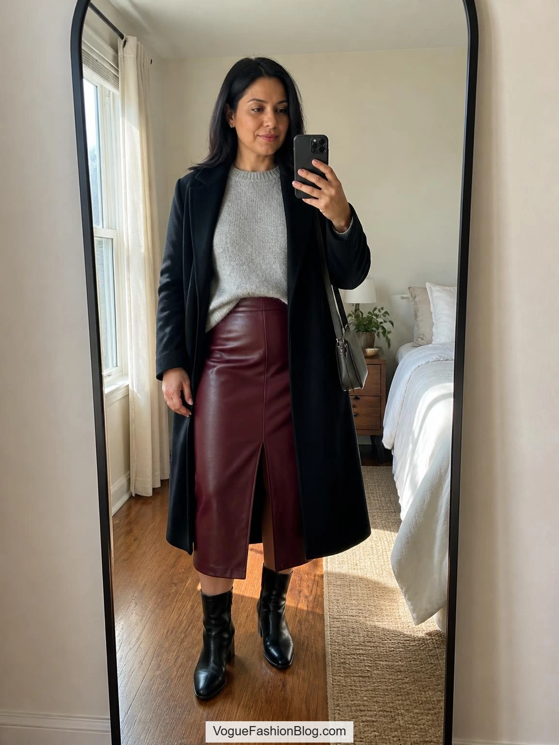 Mirror selfie showing red skirt outfit ideas with a dark red faux-leather midi, gray knit, black coat, and ankle boots