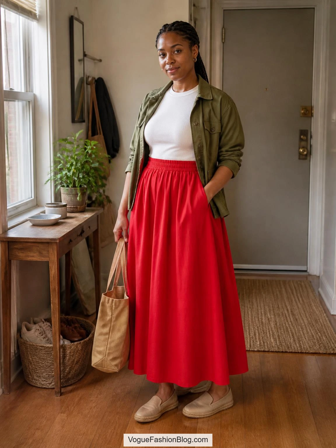 Red skirt outfit ideas with a poppy maxi, white tee, olive utility jacket, espadrilles, and tote in an apartment entryway