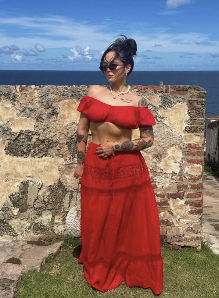 Red Off-Shoulder Crop Top + Red Maxi Skirt + Pearl Necklace