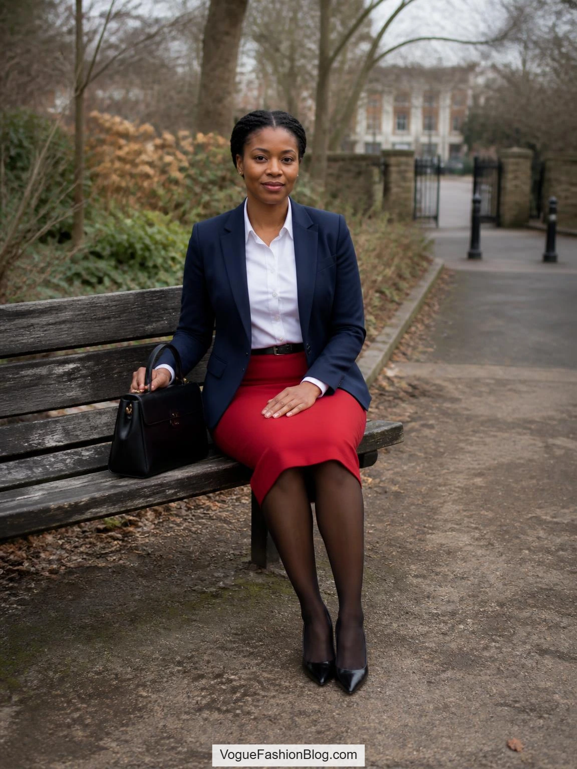 Seated woman styling red skirt outfit ideas with a tomato pencil skirt, navy blazer, tights, pumps, and top-handle bag
