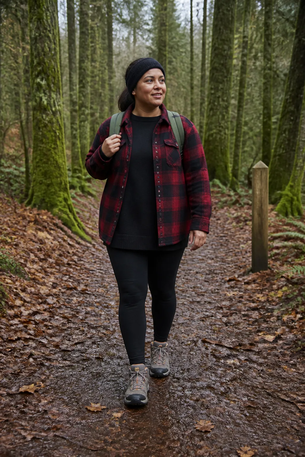 Red Plaid Shacket, Black Leggings, and Hiking Sneakers