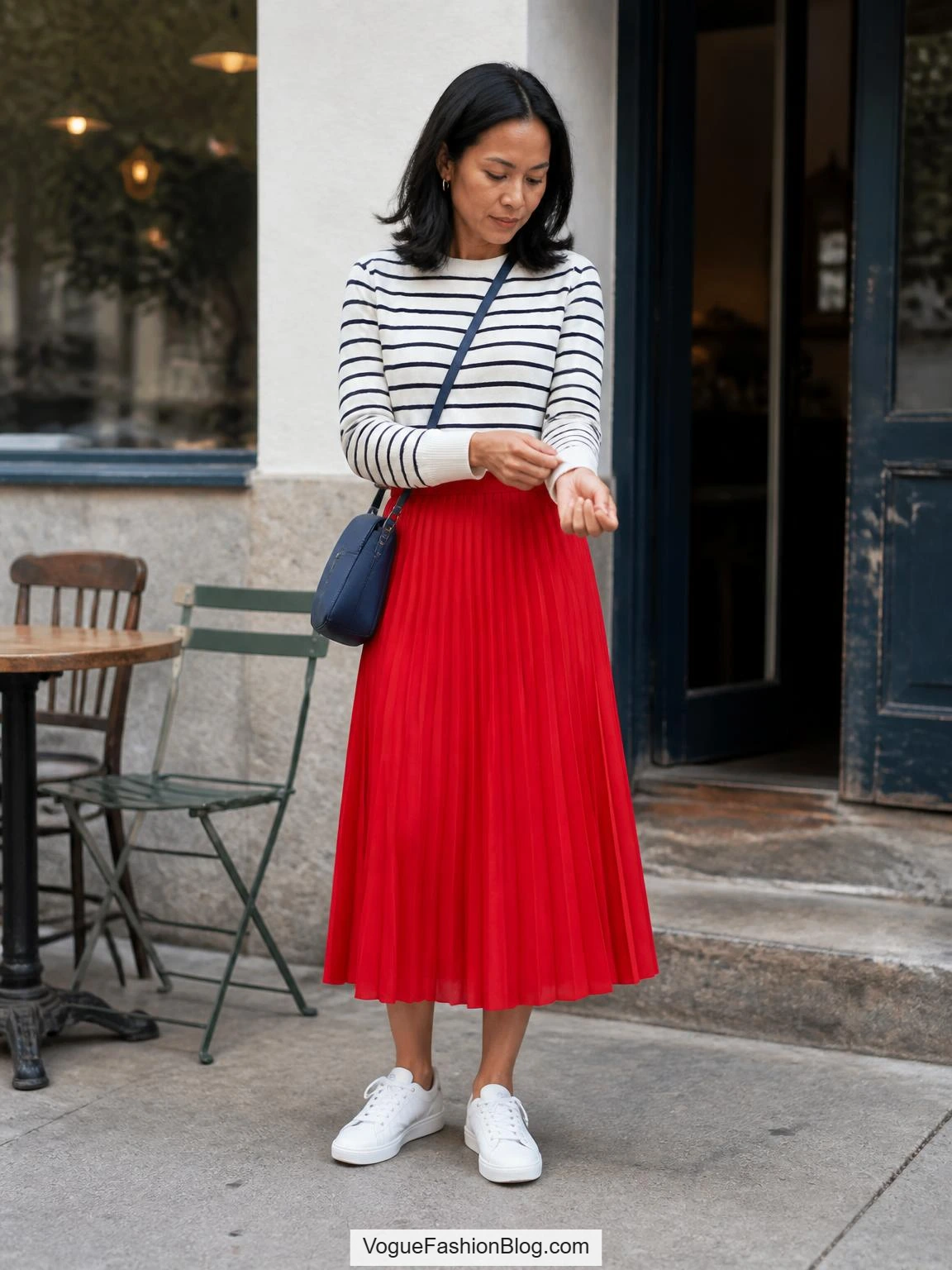 Woman adjusts her cuff on a cafe terrace in a red pleated midi, Breton knit, and sneakers for Red Skirt Outfit Ideas