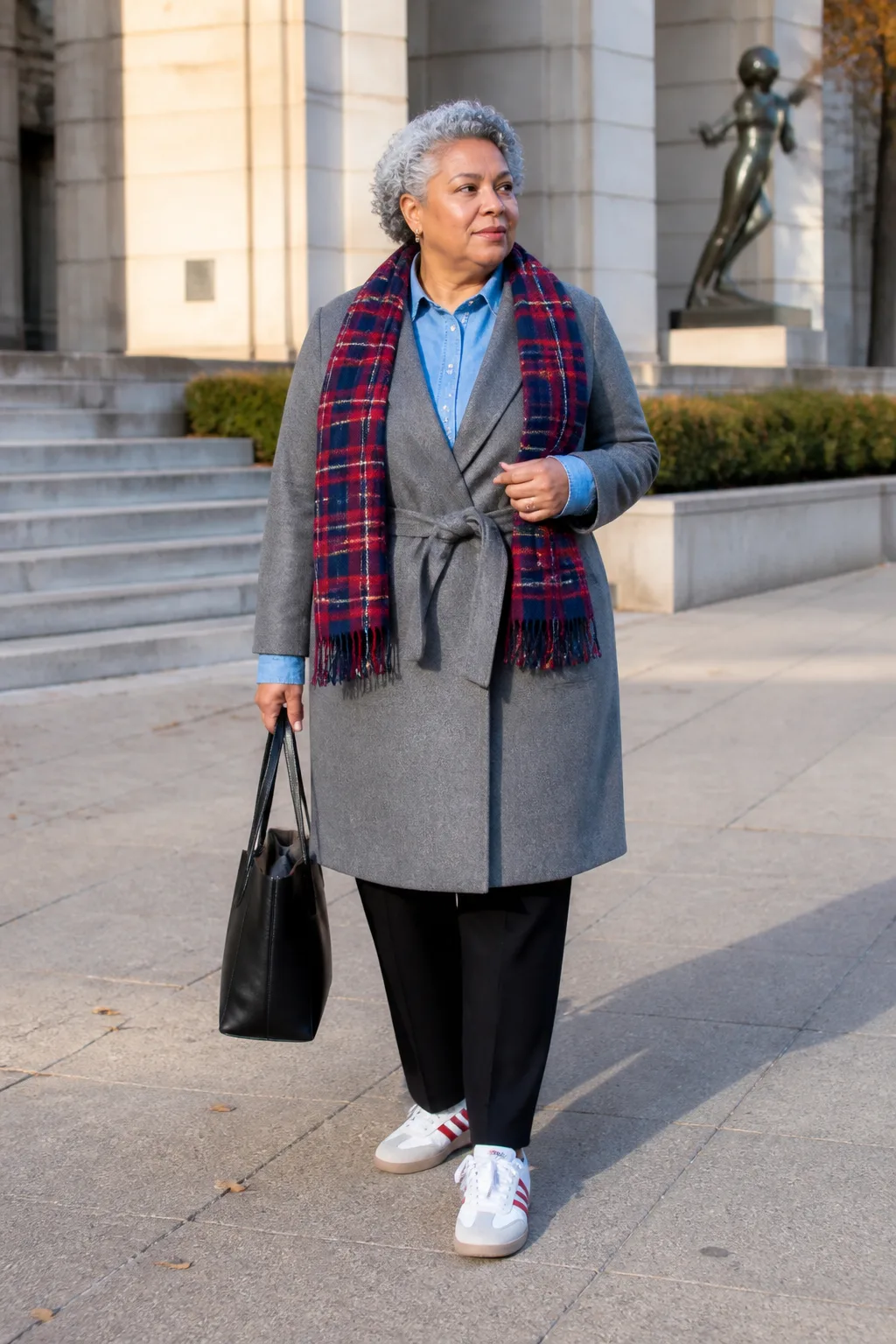 Red Sambas with a Gray Wrap Coat