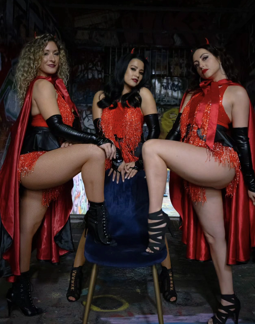 Red Sequin Devil Costumes + Black Faux Leather Gloves + Red Capes + High-Heeled Boots