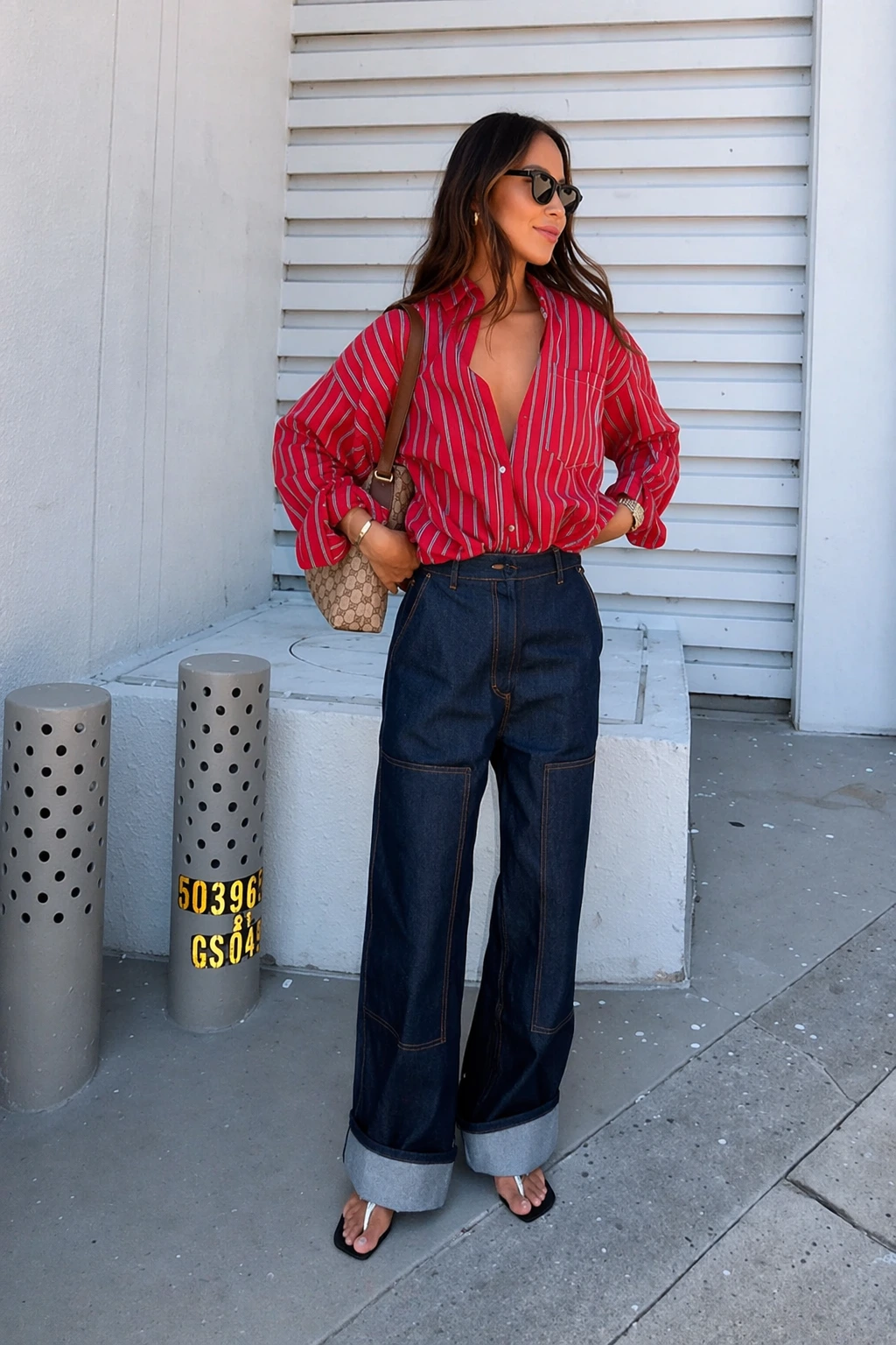 Red Striped Button Down Shirt + Dark Wash Wide-Leg Jeans + Black Flat Sandals