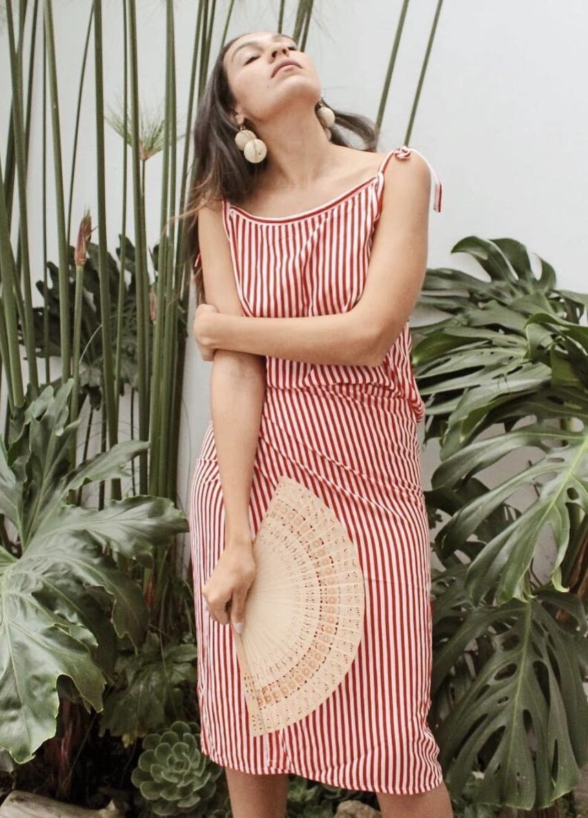Red Striped Dress + Straw Earrings + Hand Fan