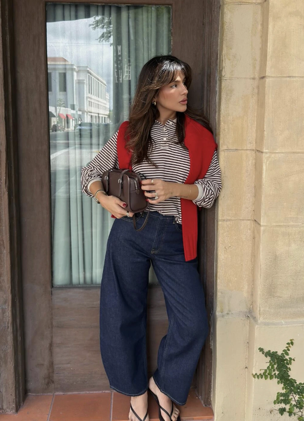 Red Sweater + Striped Top + Wide-Leg Jeans