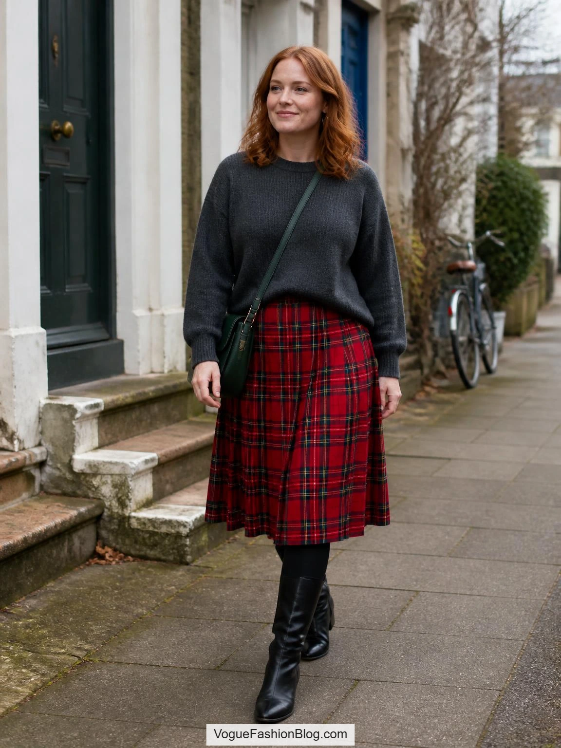 Woman in a red tartan midi skirt, charcoal sweater, tights, boots, and green bag shows red skirt outfit ideas on a cool sidewalk