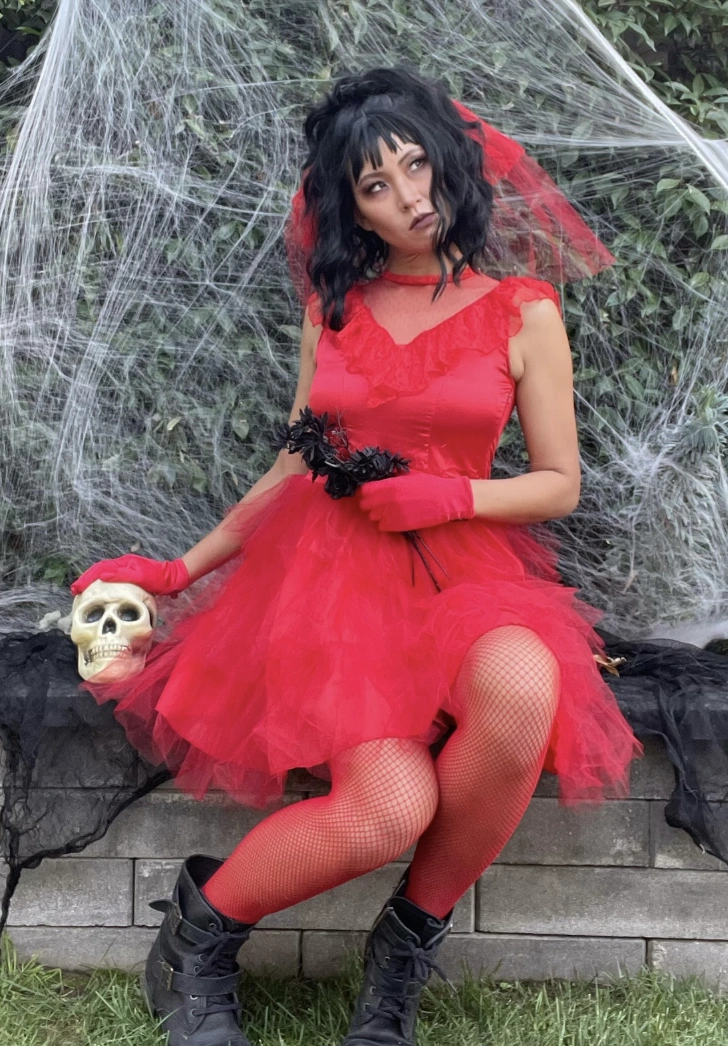 Red Tulle Dress + Black Lace Veil + Red Fishnet Stockings + Black Ankle Boots + Skull Prop