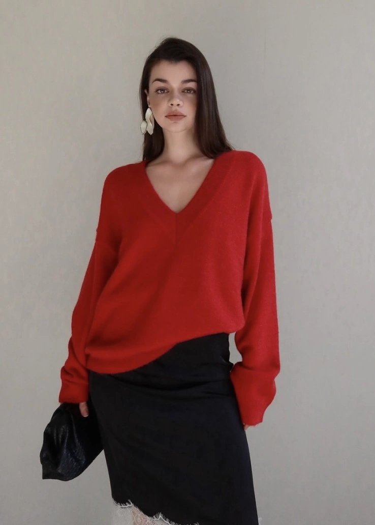 Red V-Neck Sweatshirt + Black Slip Skirt + Statement Earrings