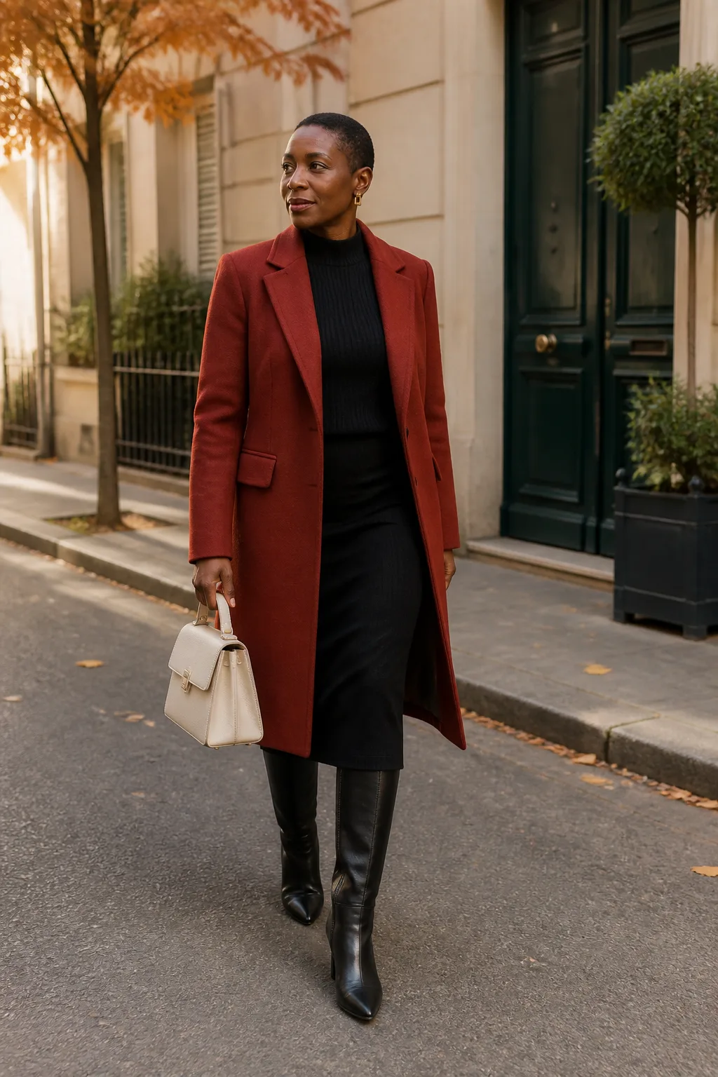 Red Wool Coat with Black Knit Skirt