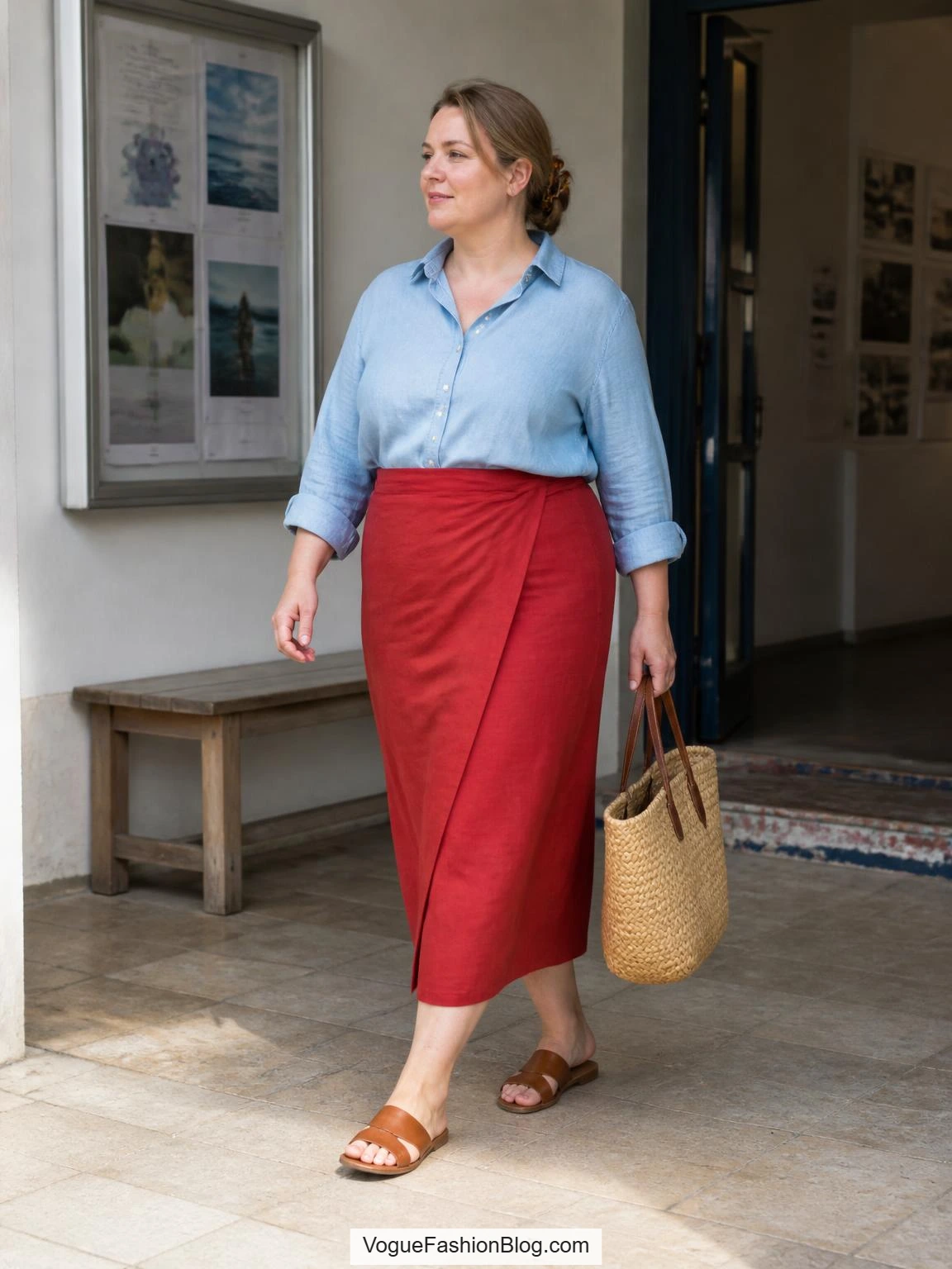 Red Skirt Outfit Ideas: woman in a red wrap midi skirt, chambray shirt, flat sandals, and straw tote at a gallery entrance