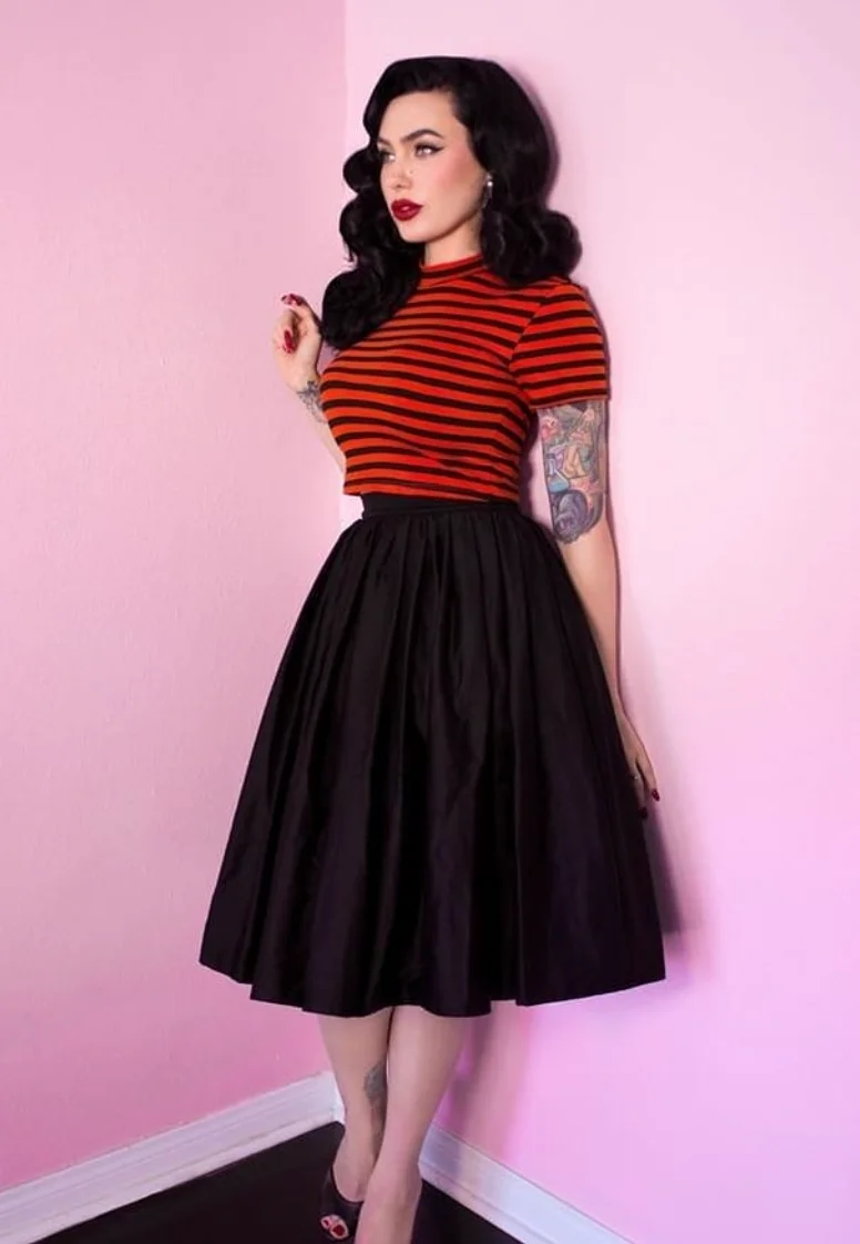 Retro Charm: Striped Top + Full Black Skirt