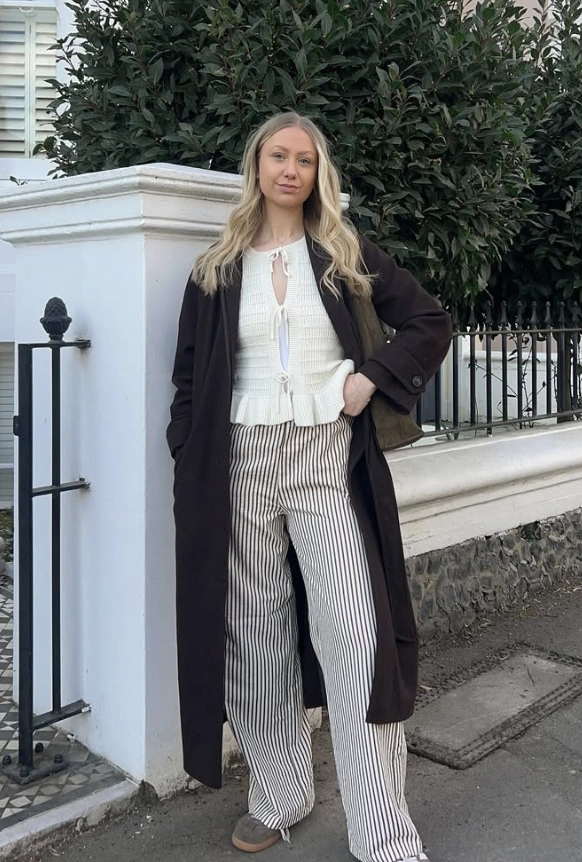 Ribbed Tie-Front Top + Striped Wide-Leg Pants + Long Duster Coat