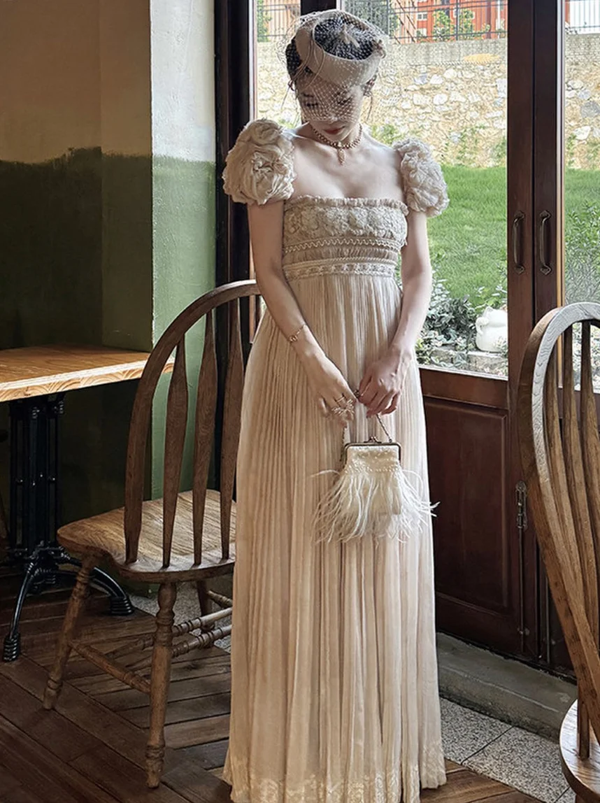 Romantic Whimsy: Cream Lace Gown Puff Sleeves