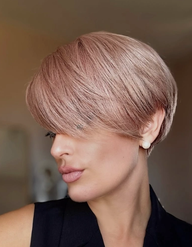 Rose Gold Layered Long Pixie Cut with Angled Bangs