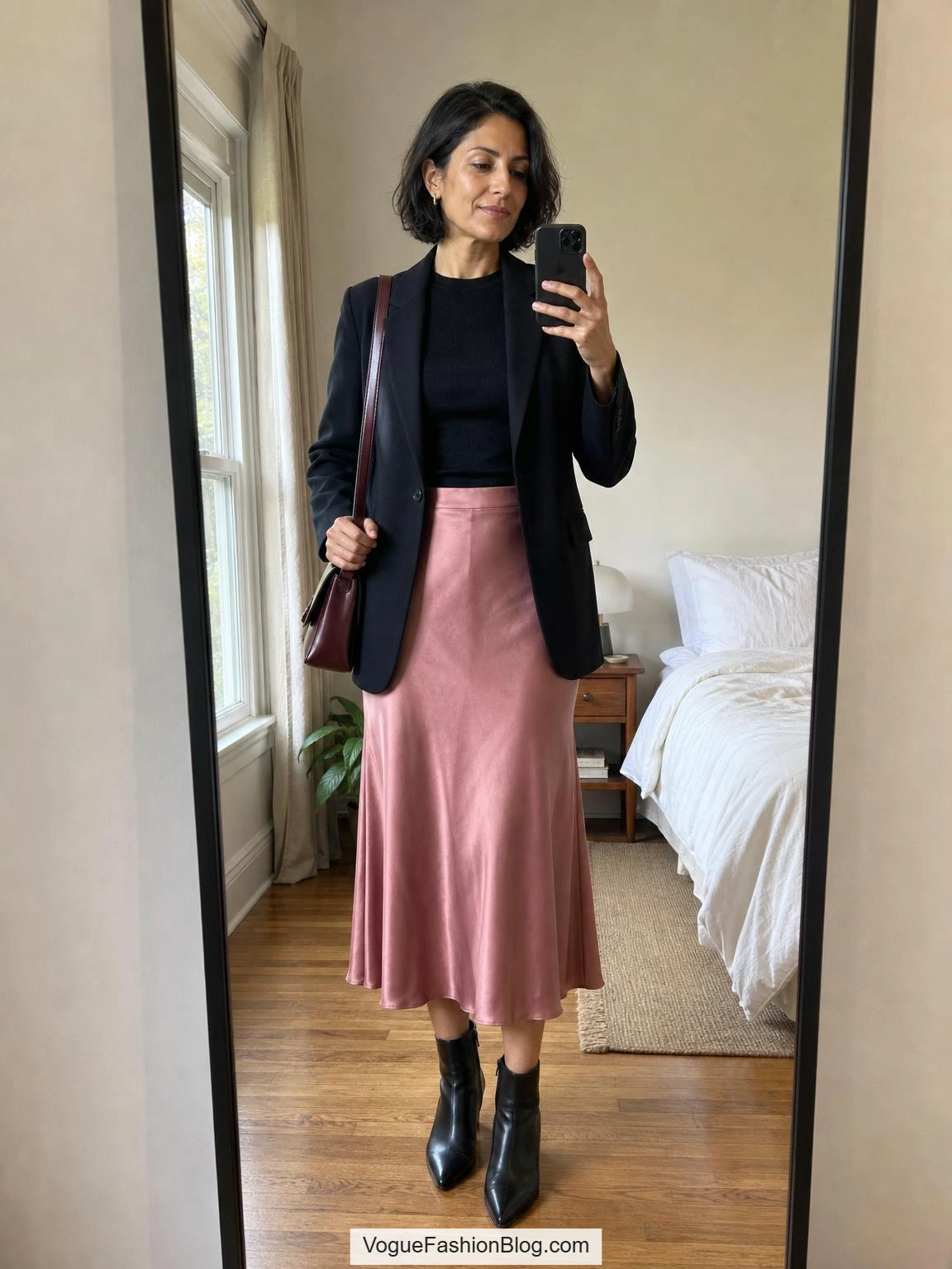 Mirror selfie styling a rose pink skirt outfit with black blazer, ankle boots, and burgundy bag in a sunlit bedroom
