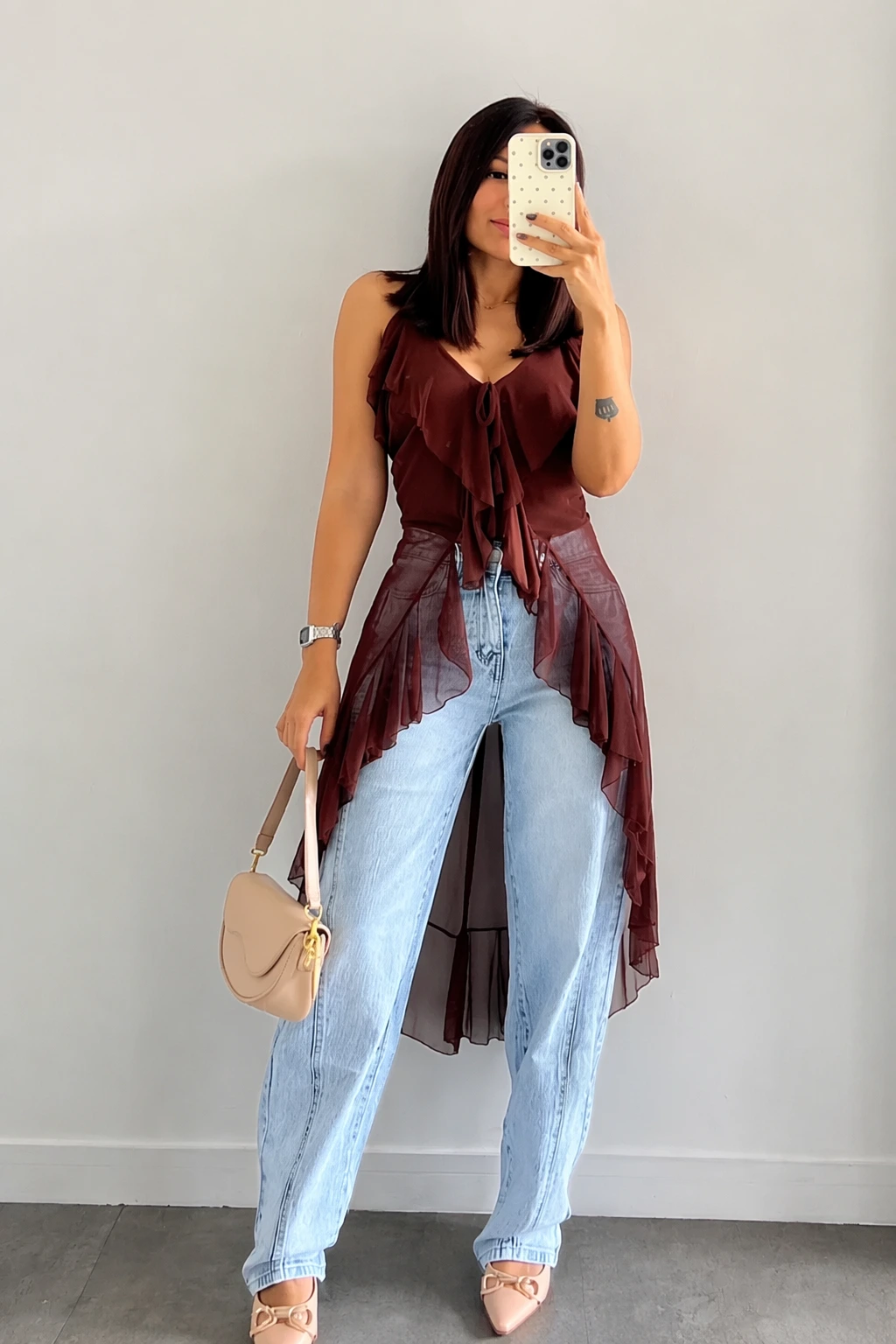 Ruffled Brown Top + Light Wash Slouchy Jeans + Saddle Bag