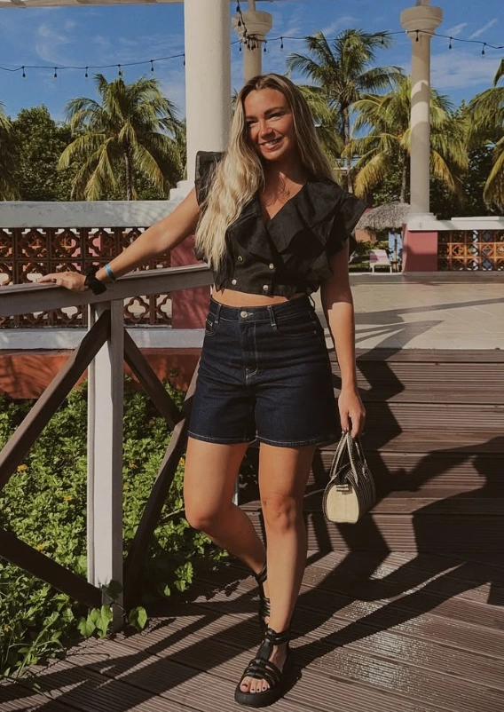 Ruffled Crop Top + Denim Bermuda Shorts + Gladiator Sandals