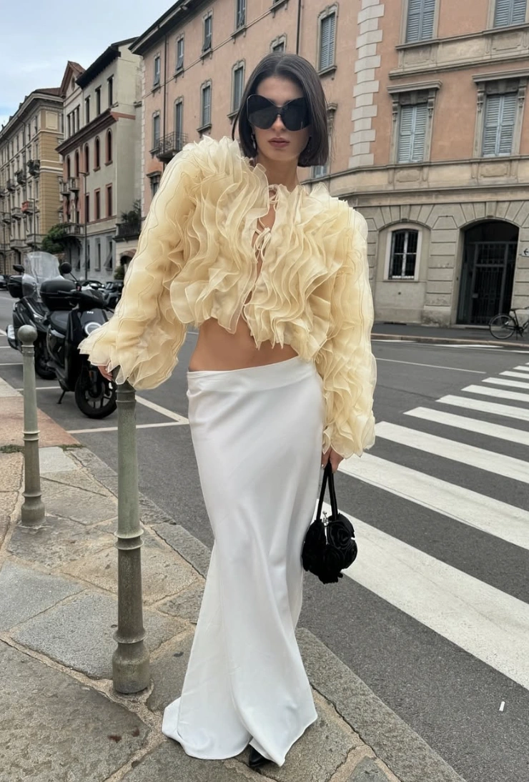 Ruffled Crop Top + Silk Maxi Skirt + Rose Purse