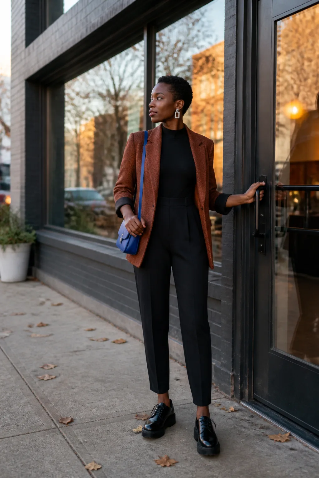Rust Blazer, Black Jumpsuit and Platform Oxfords