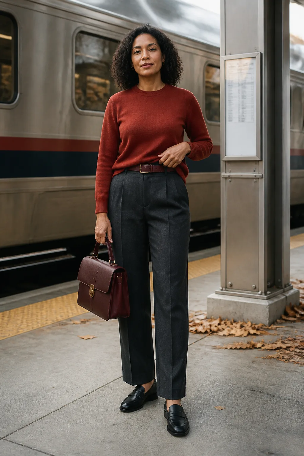 Rust Merino Crewneck with Pleated Trousers