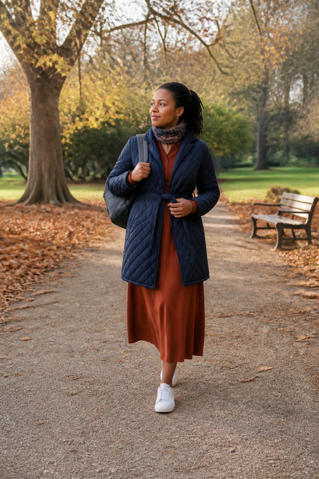 Rust Midi Dress, Quilted Coat and Sneakers