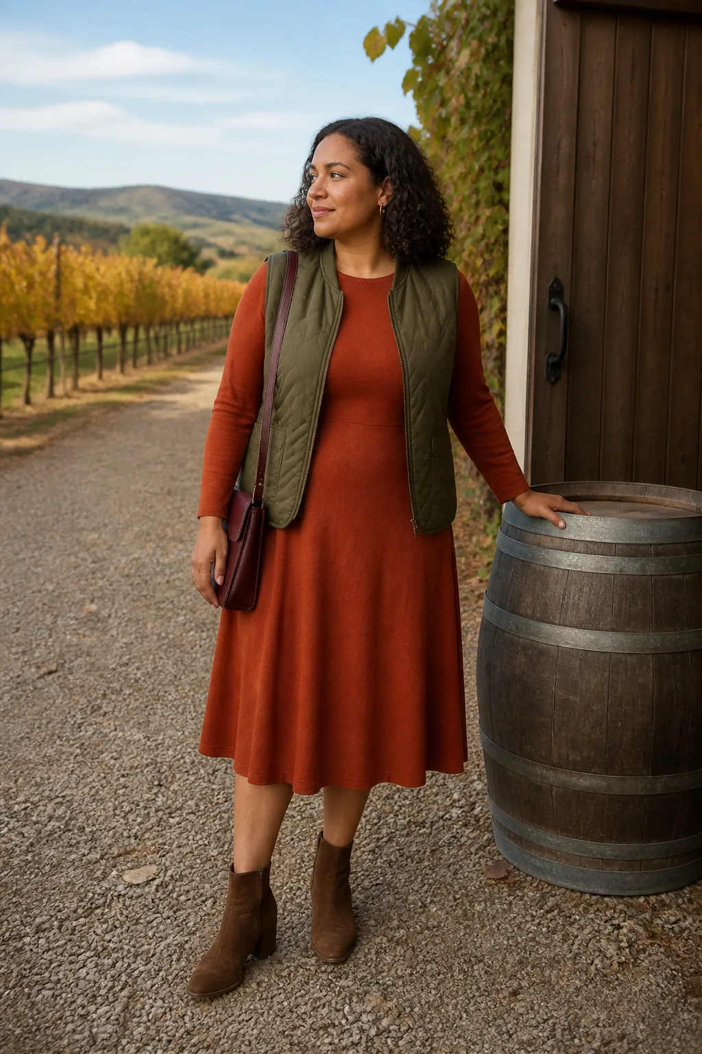 Rust Midi Dress with Suede Ankle Boots