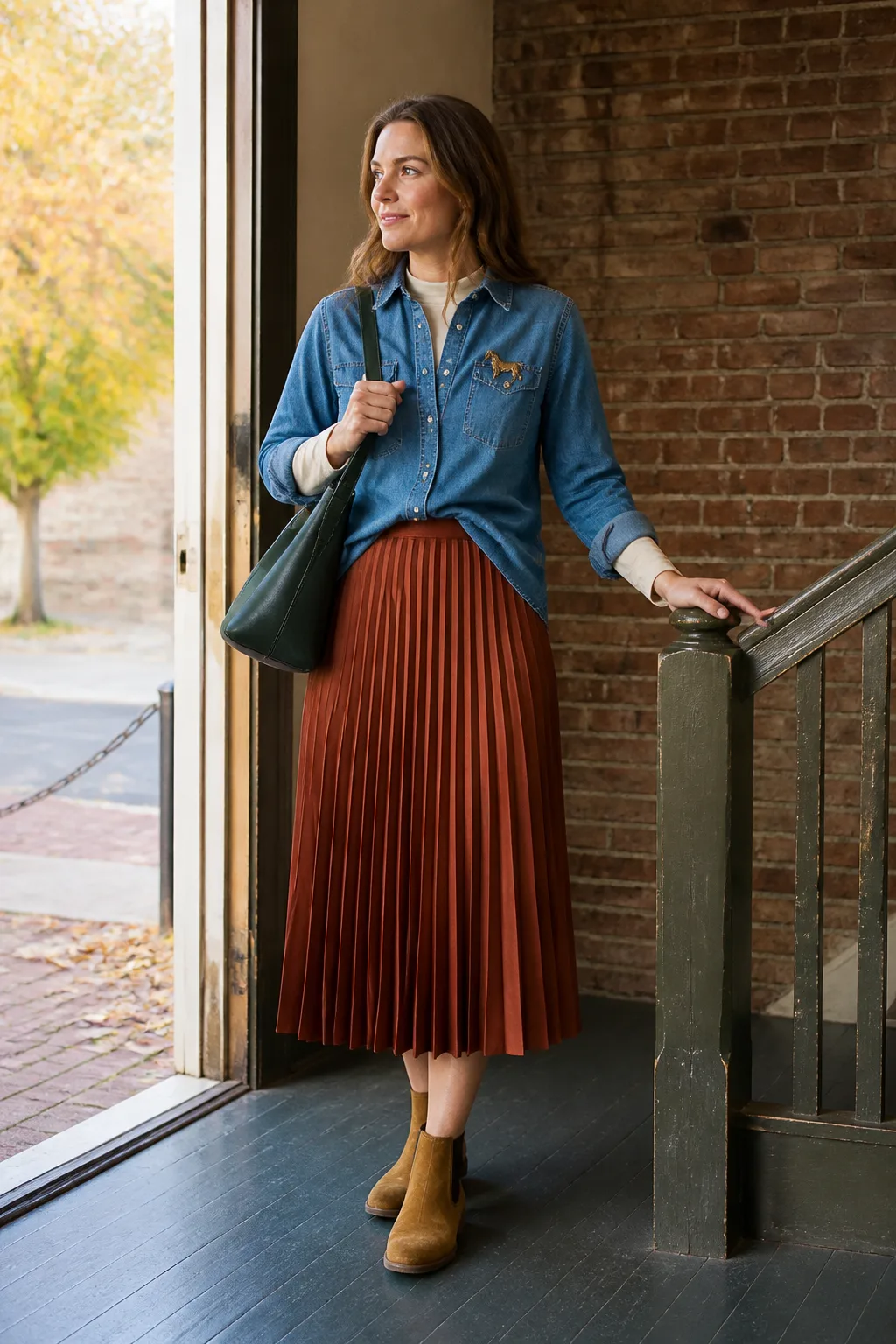 Rust Pleated Skirt, Denim Shirt, and Brass Horse Brooch