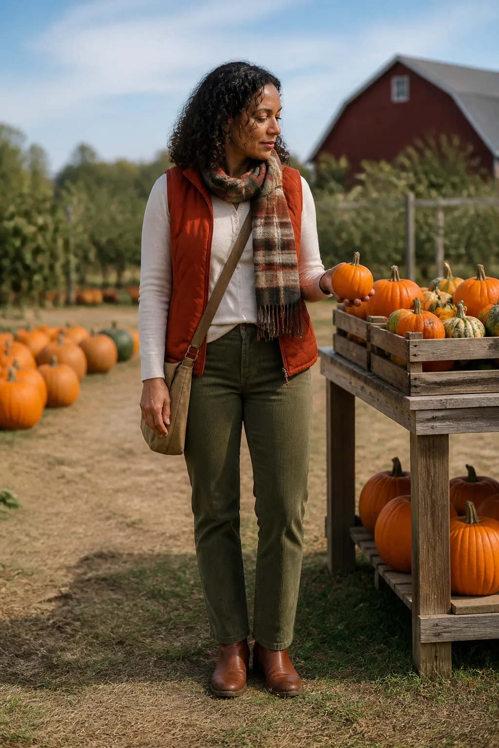 Rust Quilted Vest, Ivory Henley, and Olive Corduroy Pants