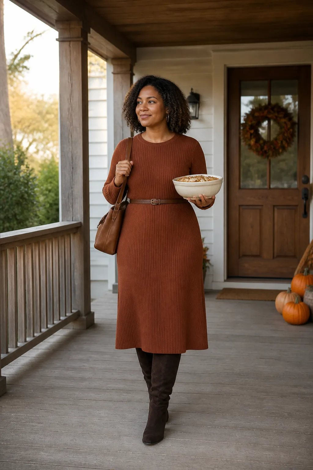Rust Ribbed Midi Dress with Suede Boots