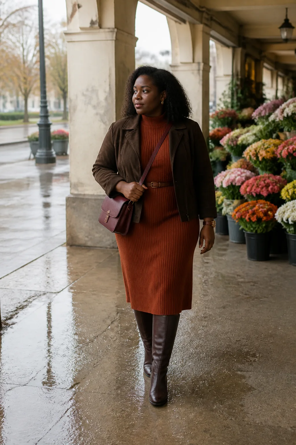 Rust Sweater Dress with Cropped Jacket