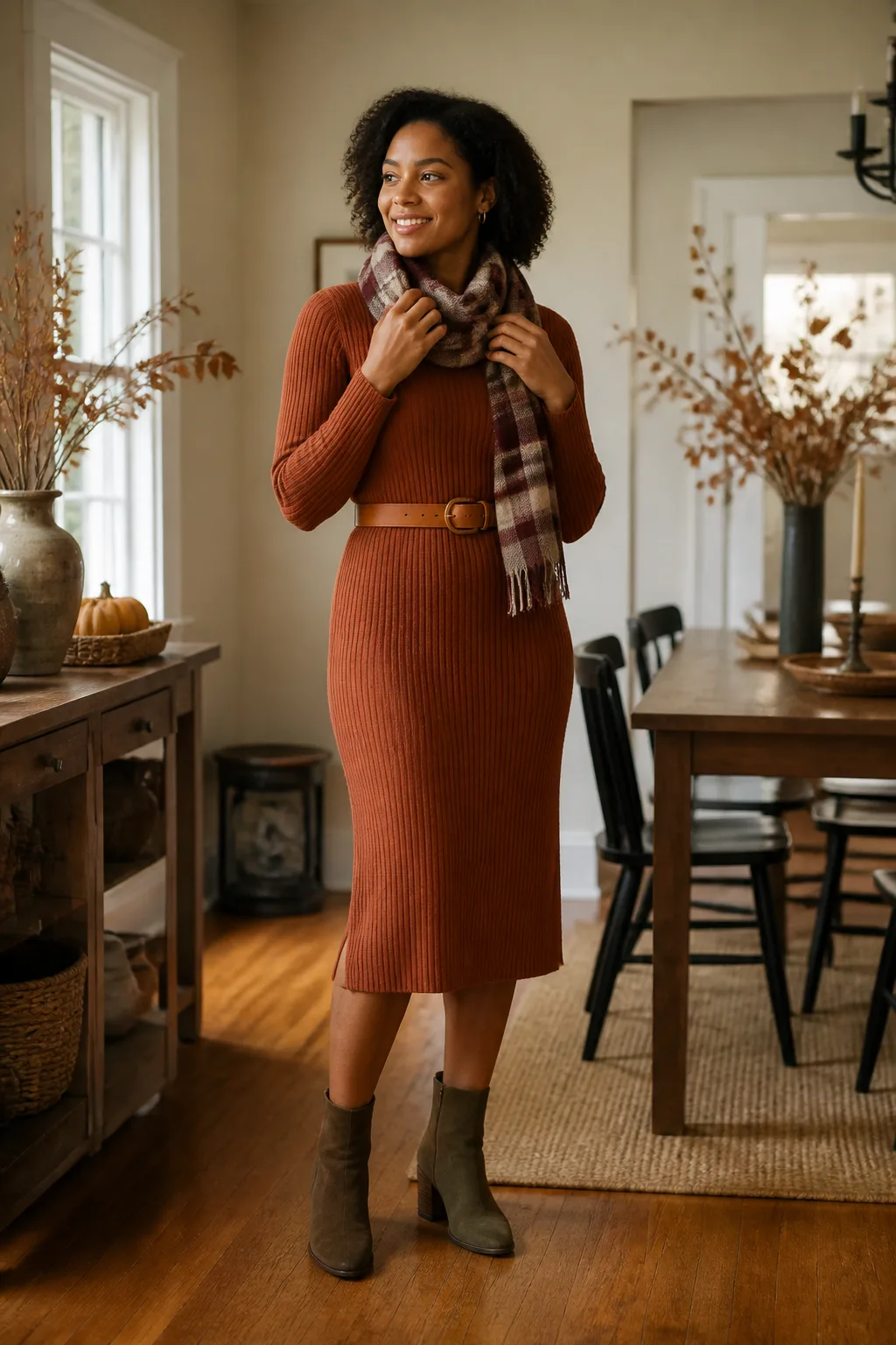 Rust Sweater Dress with Olive Suede Boots