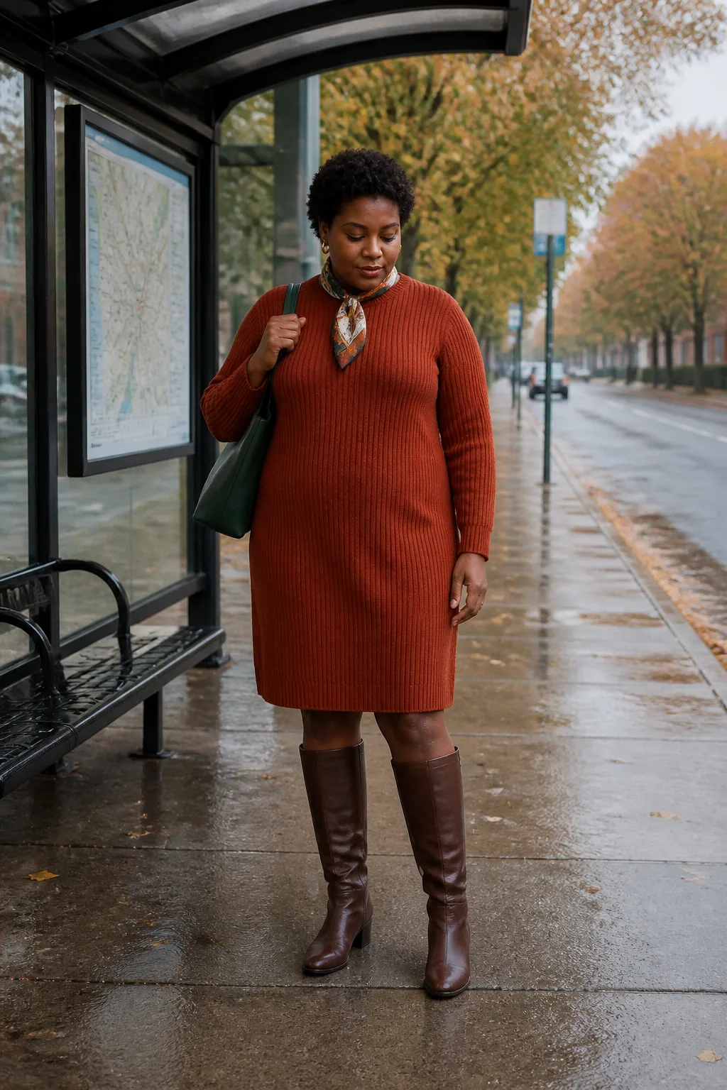 Rust Sweater Dress with Tall Brown Boots