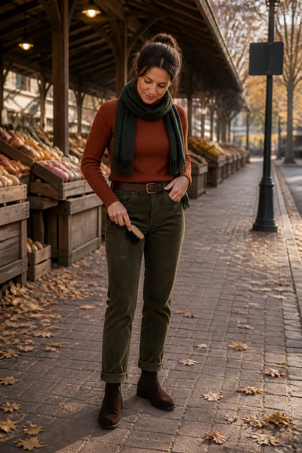 Rust Turtleneck Sweater with Olive Corduroy Pants