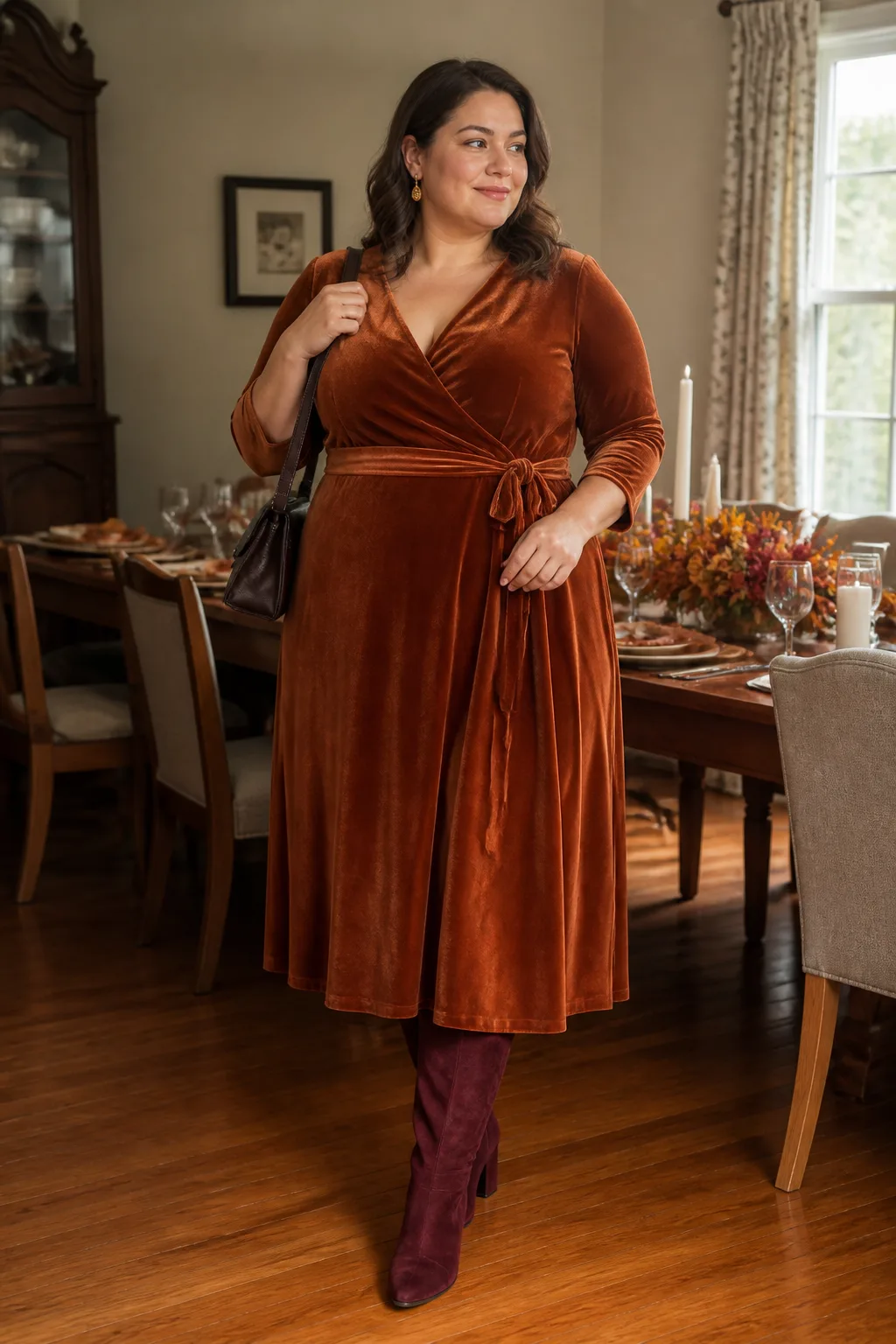 Rust Velvet Wrap Dress with Tall Boots