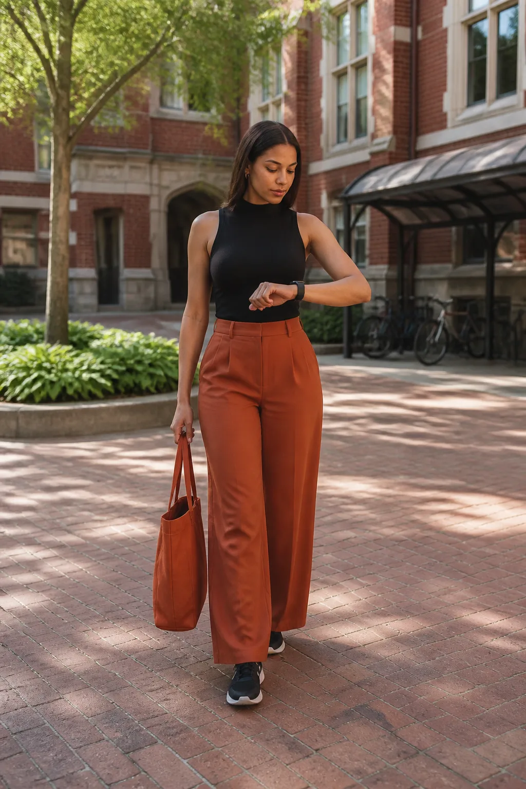 Rust Wide-Leg Trousers, Black Tank, and Minimal Trainers