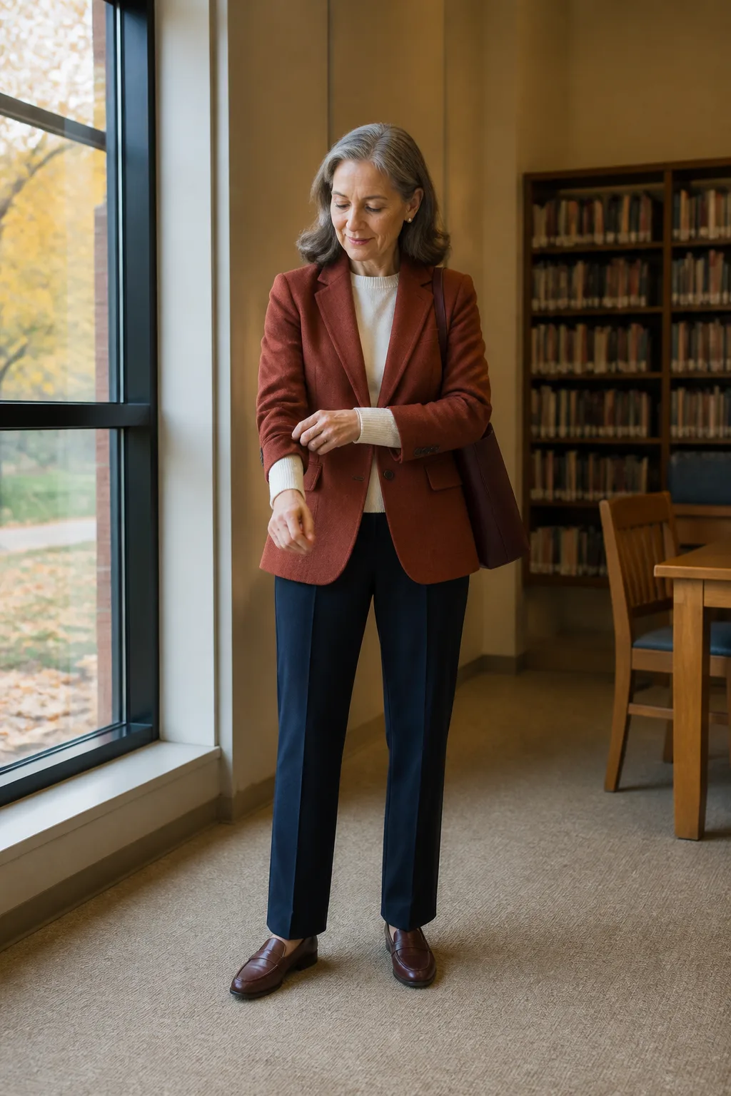 Rust Wool Blazer with Navy Trousers