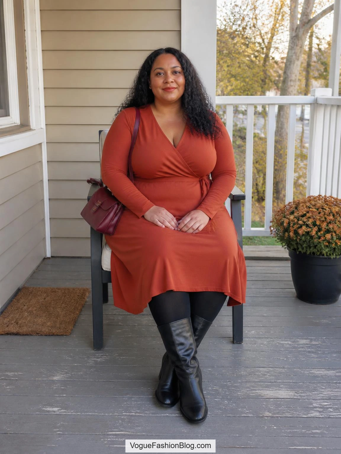 Plus size fall outfits feature a rust wrap midi dress, black tights, knee-high boots, and a burgundy bag on a porch