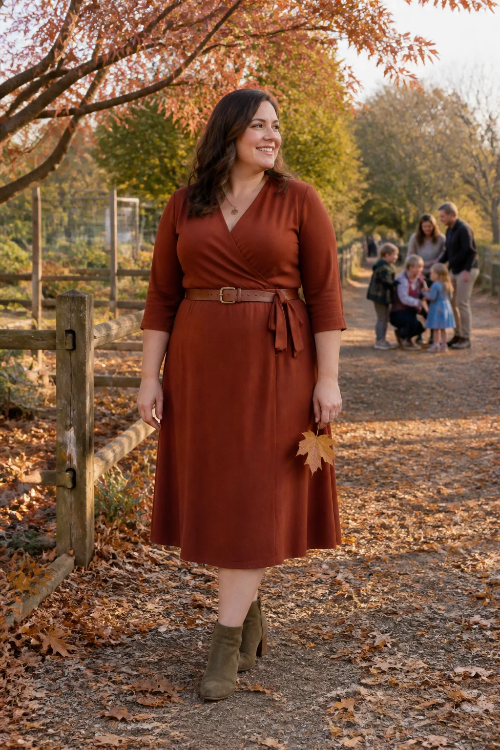 Rust Wrap Midi Dress with Olive Ankle Boots