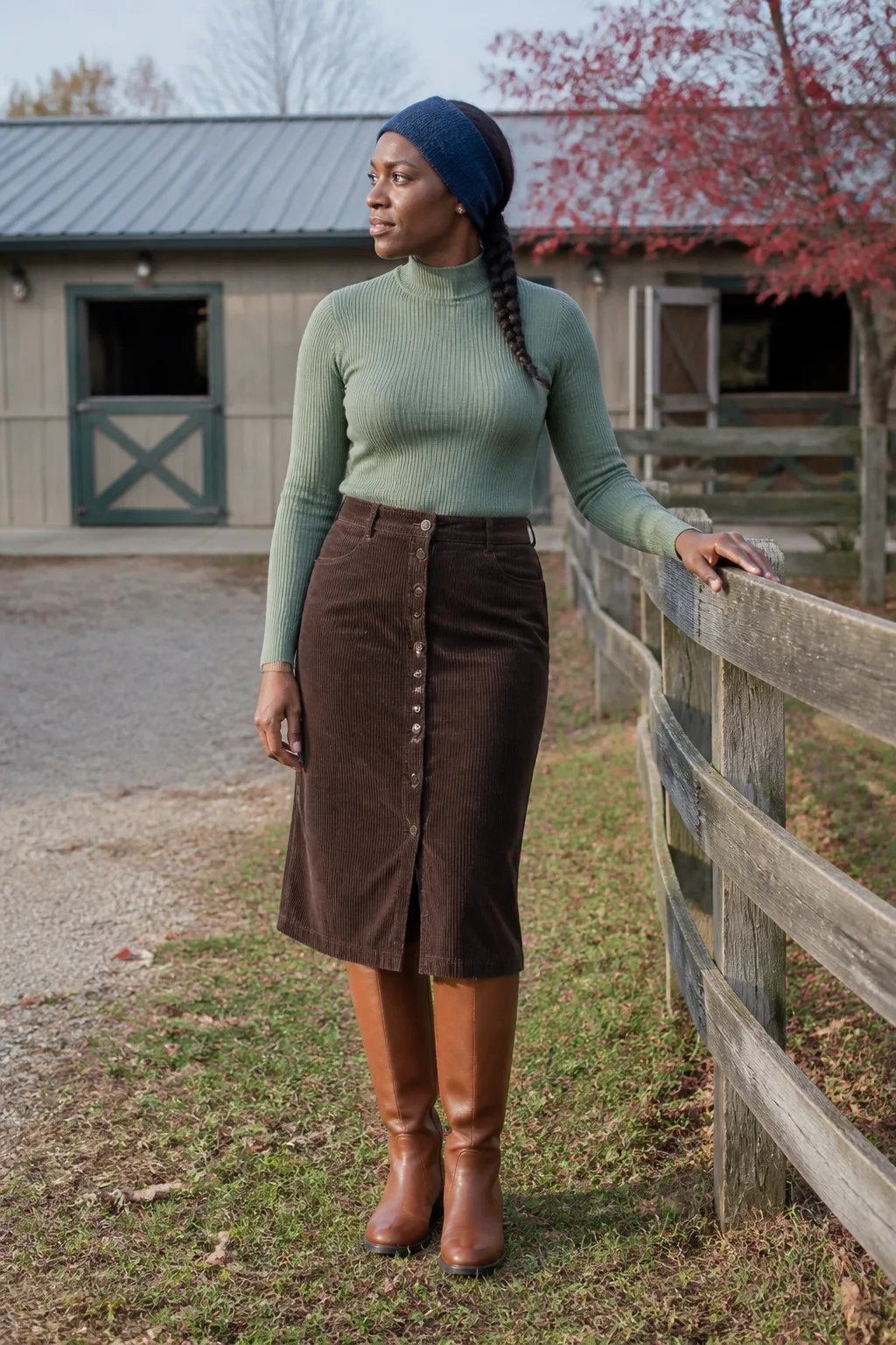 Sage Mock-Neck with a Corduroy Midi Skirt