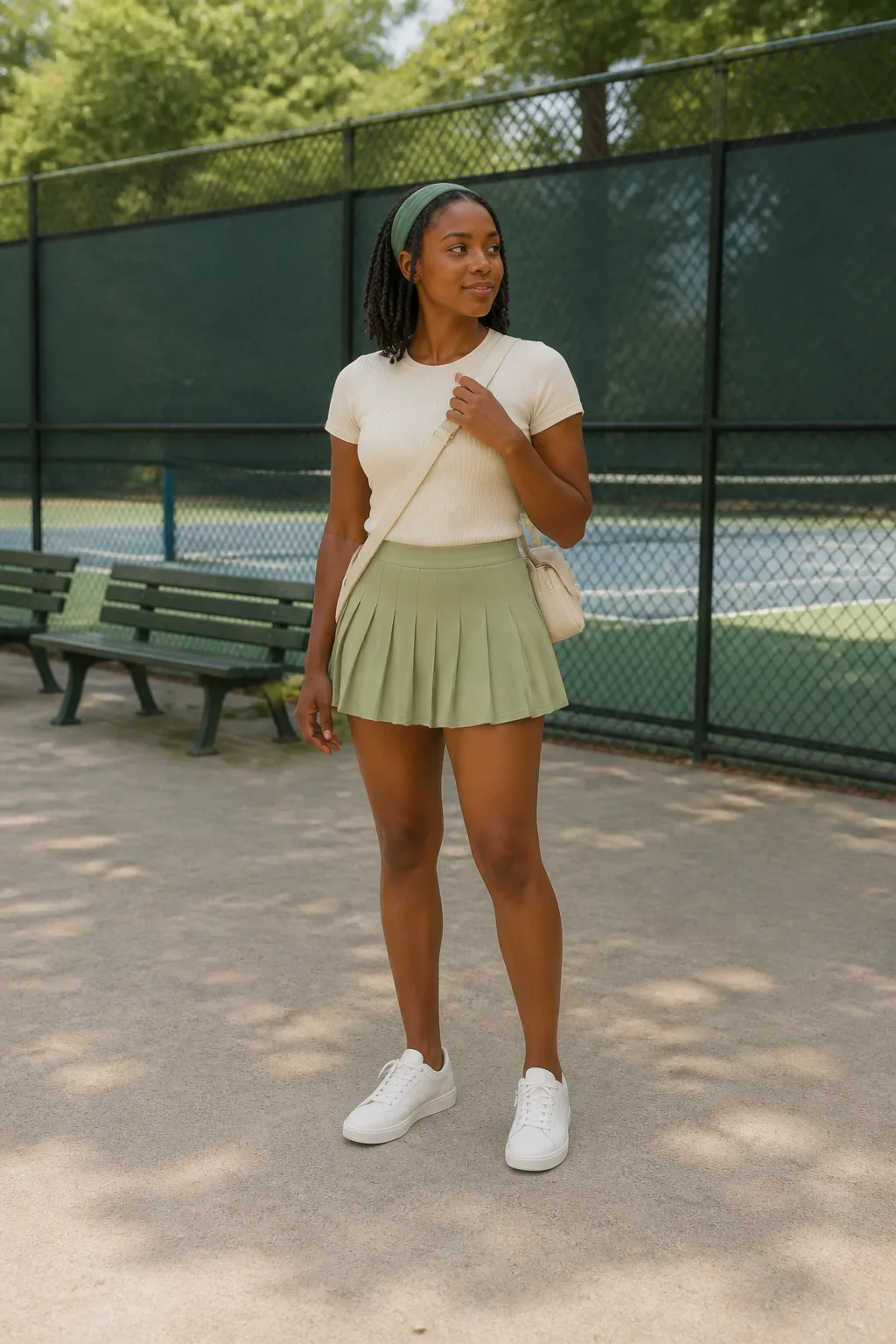 Sage Tennis Skirt, Ribbed Tee, and Court Sneakers