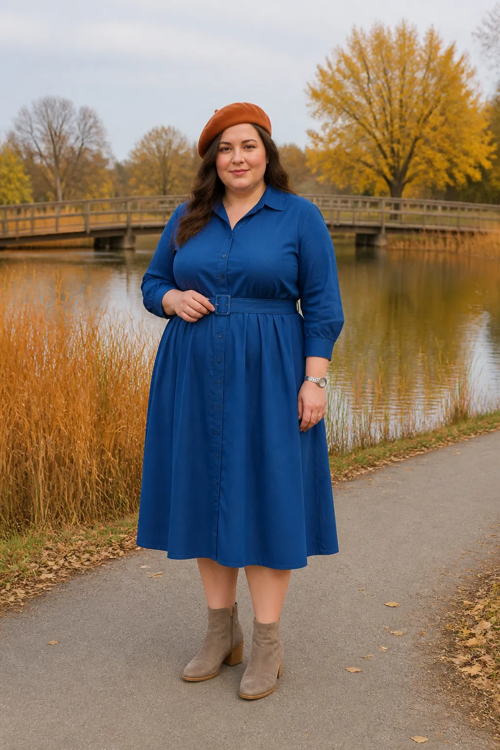 Sapphire Shirt Dress with Taupe Booties